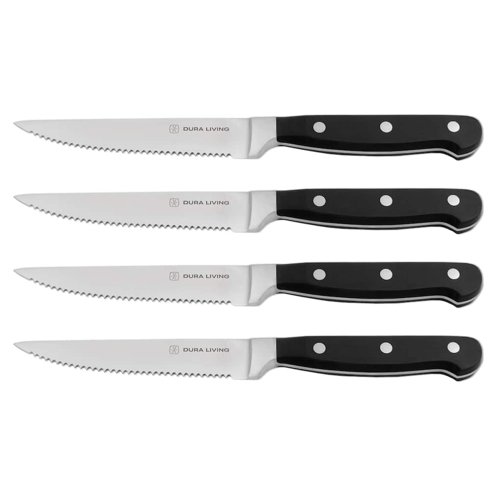 Dura Living 4-Piece Steak Knife Set - High Carbon Stainless Steel Serrated Blades, Ergonomic Black Handles
