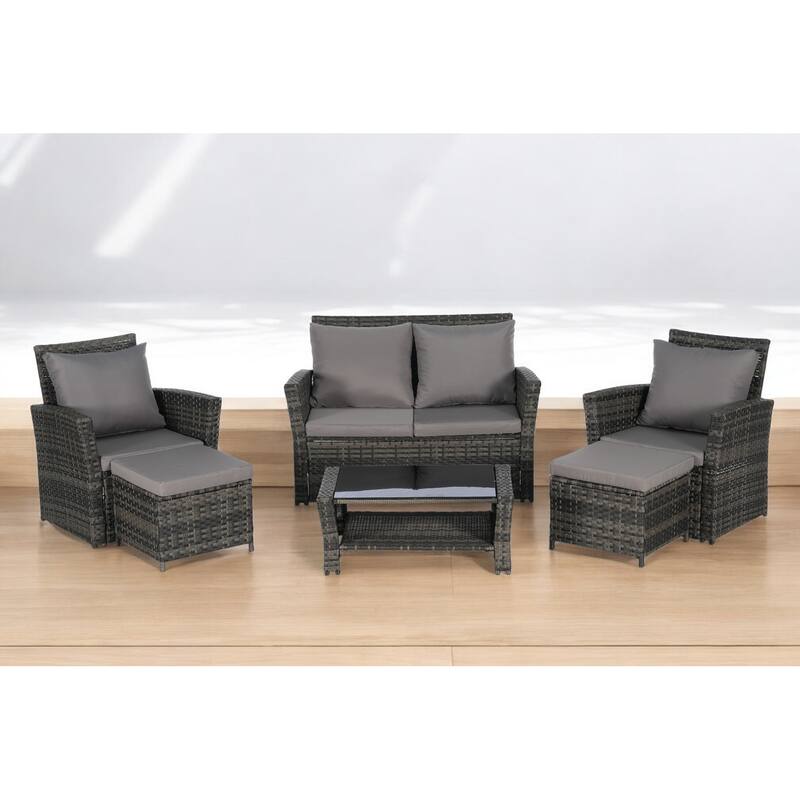 6-Piece Wicker Patio Furniture Set with Cushions & Coffee Table & Ottomans, Sofa for Outdoor Garden, Patio, or Balcony