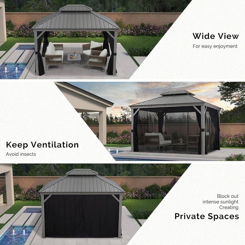 PURPLE LEAF Patio Gazebo for Backyard Hardtop Galvanized Steel Frame with Upgrade Curtain - Light Grey