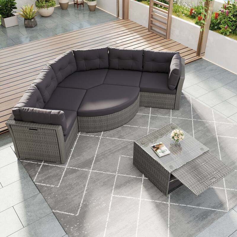 Roomfitters Outdoor Rattan Sectional Daybed Furniture Set with Cushions & Center Table for Patio