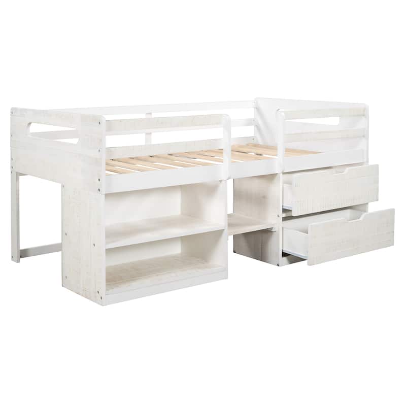 Solid Wood Twin Size Loft Bed with Dual Shelves and Two Drawers for Storage