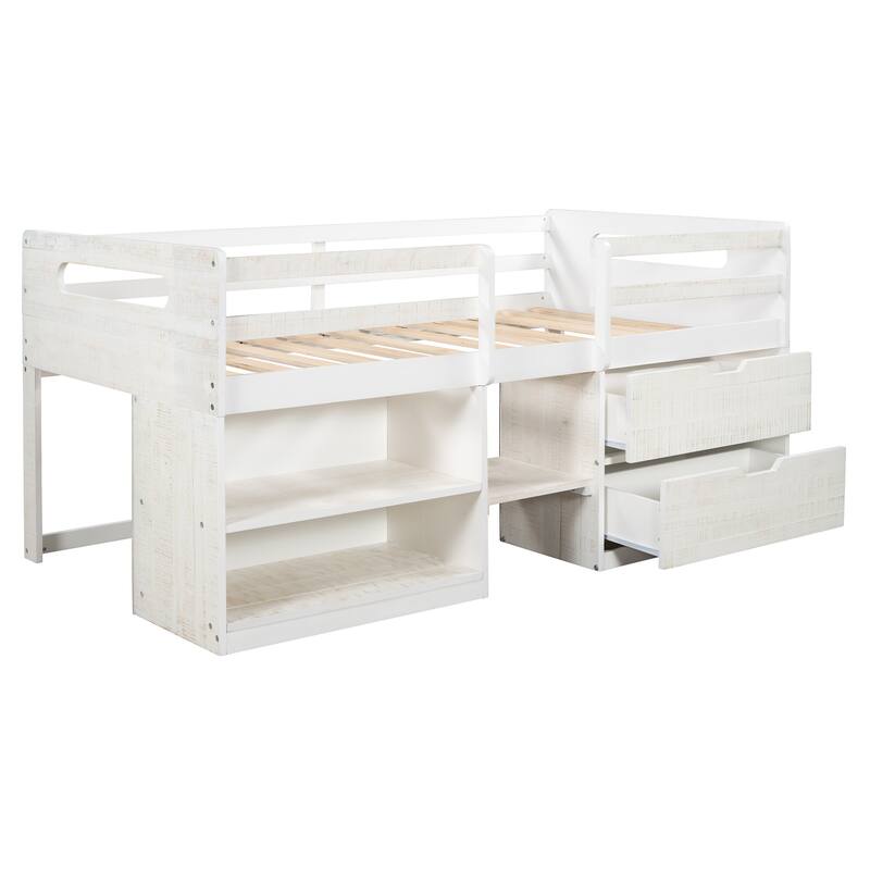 Twin Solid Pine Loft Bed with Shelves, Drawers, and Guardrail