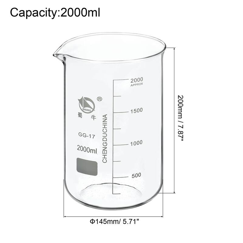 2000ml Low Form Glass Beaker, 3.3 Borosilicate Lab Measuring Cups - Clear