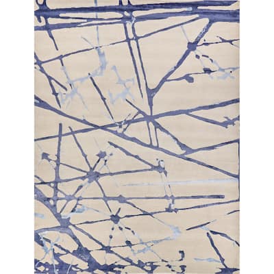 EXQUISITE RUGS Space Age Hand-knotted Wool/Bamboo Silk Grey/Royal Blue/Navy Area Rug.