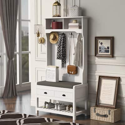 68.9'H 3-in-1 Design Hall Tree with 4 Hooks and Hinged Lid, Coat Hanger, Entryway Bench, Storage Bench for Entrance, Hallway