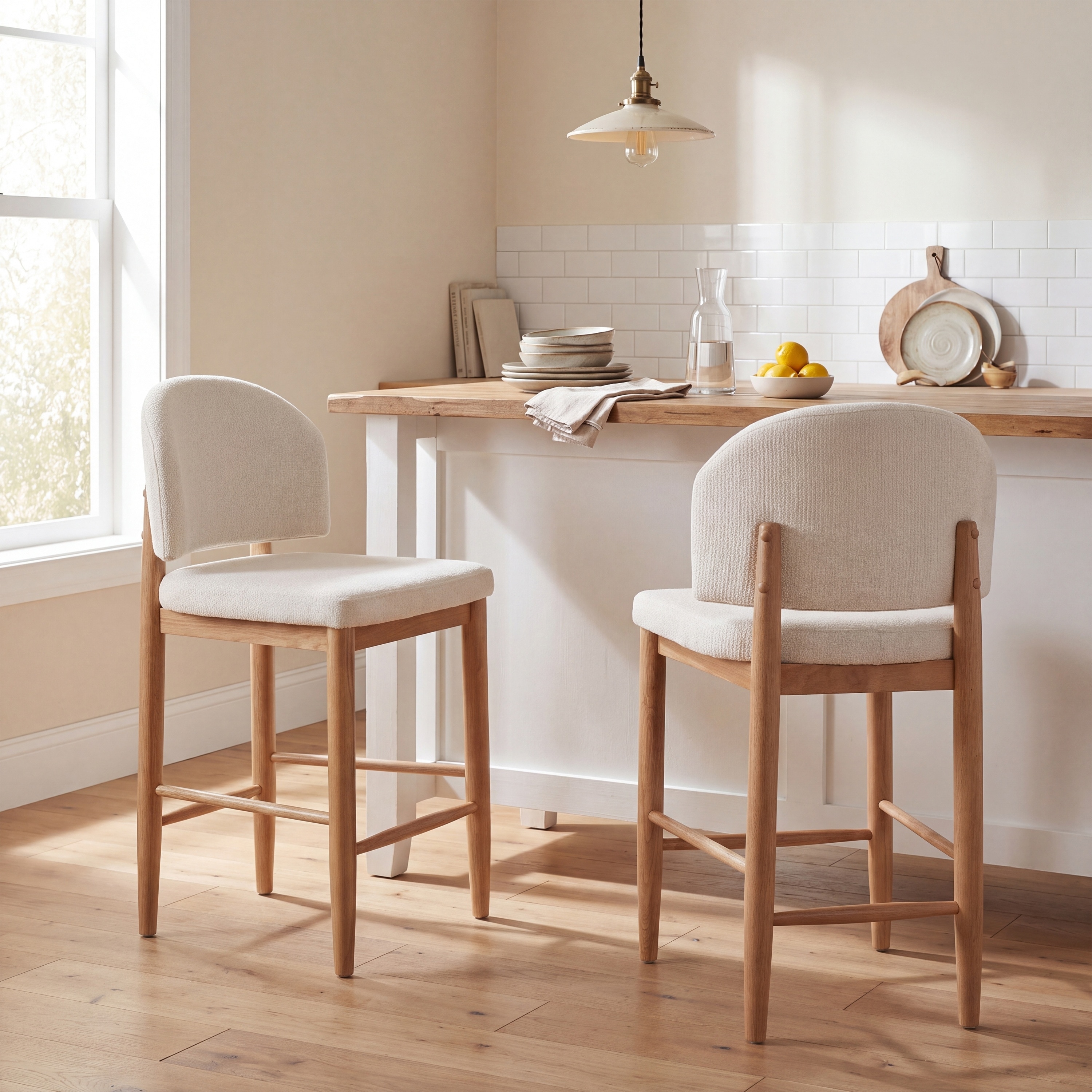 Christopher Knight Home - Modern Set of 2 Upholstered Counter Stools with Wooden Footrest & Padded Backrest