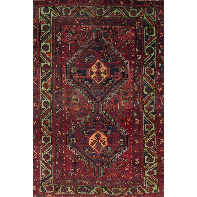 Hand Knotted Oriental 100% Wool Carpet Traditional Tribal Red Qashqai Area Rug - 6' 9'' X 4' 11''