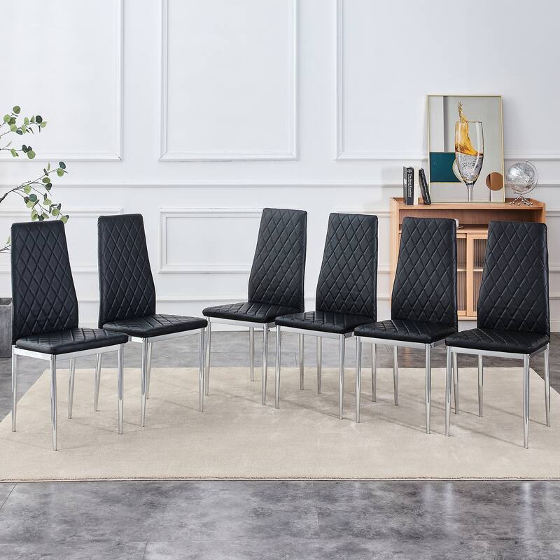 Leather Dining Table Chair Set of 6, High Back Dining Chair, Grid Armless Lounge Chair, Office Chair with C-Shaped Metal Legs - Black
