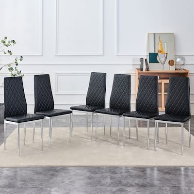 Leather Dining Table Chair Set of 6, High Back Dining Chair, Grid Armless Lounge Chair, Office Chair with C-Shaped Metal Legs