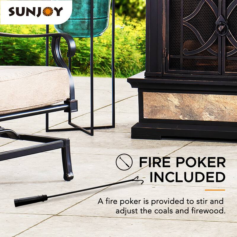Sunjoy Smith Collection Outdoor Patio Wood Burning Steel Fireplace with Chimney, Spark Screen, Fire Poker, and Removable Grate