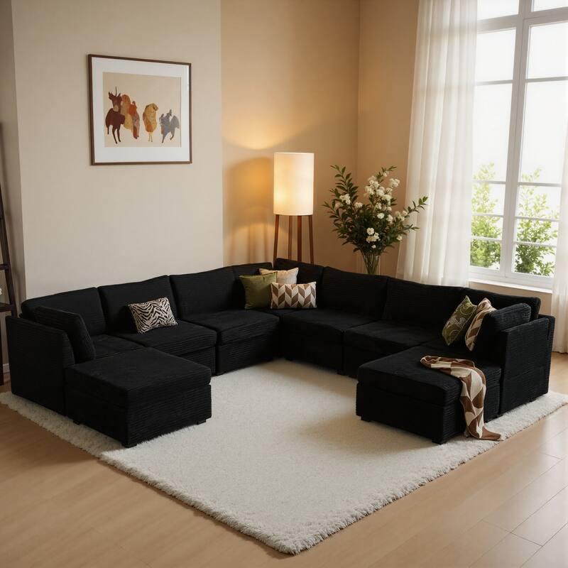 OVIOS Modern L-Shaped Fabric Sofa​ - PlushBlack