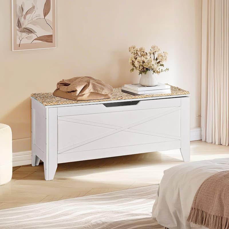 30/43.3 Inch Multi-Purpose Ottoman with Storage Flip Top Ottoman Bench with Hand Weave Poufs Padded for Bedroom Living Room