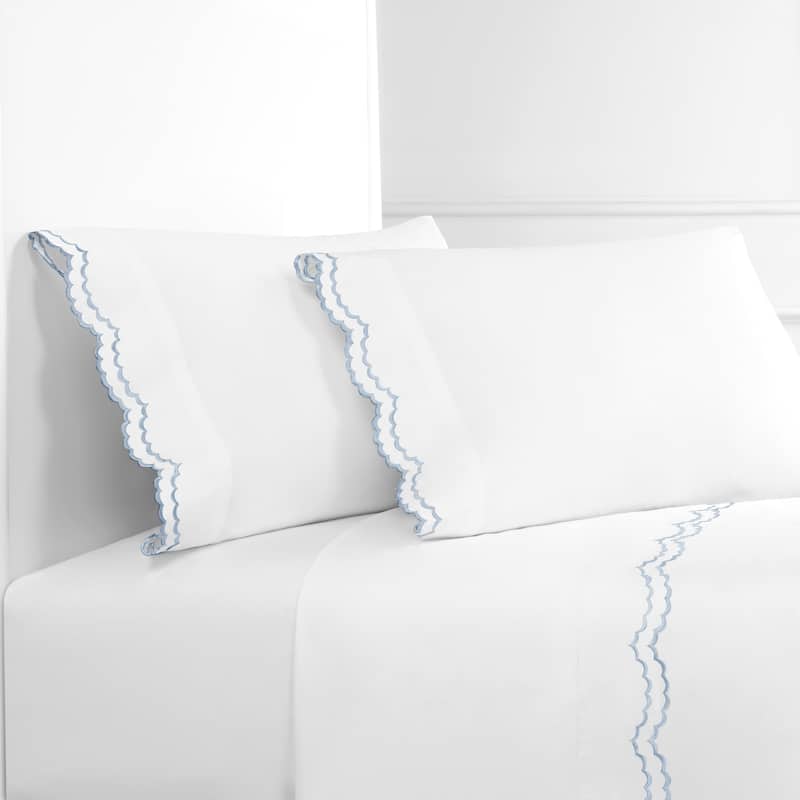 Percale Cotton Double Scalloped Embroidered Crisp Sheet Set - California King - Blue