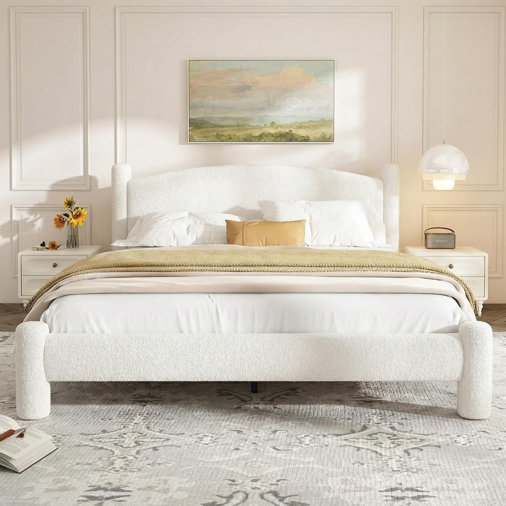 Boucle Bed Frame,Upholstered Cloud Bed Platform with 4 Round Sturdy Legs,Noise Free & Wooden Slats Support,No Box Spring Needed