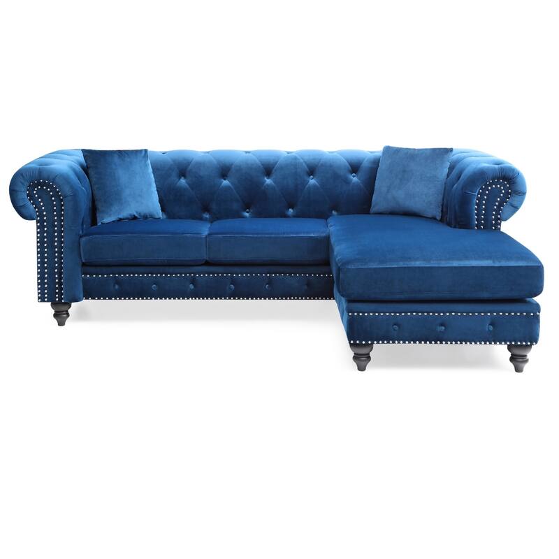Tufted Velvet L-Shape 3-Seater Sectional Sofa with Throw Pillows - 98" - Blue