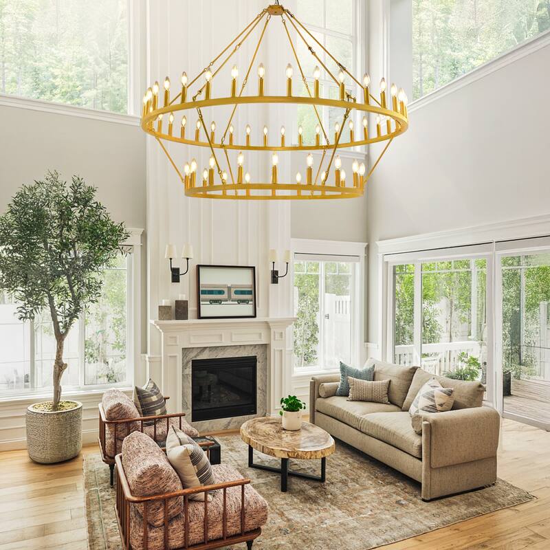 54-Lights Dimmable Two Tiers Wagon Wheel Chandeliers Classic Candle Industrial Chandelier for Living Room Entryway - N/A - Gold