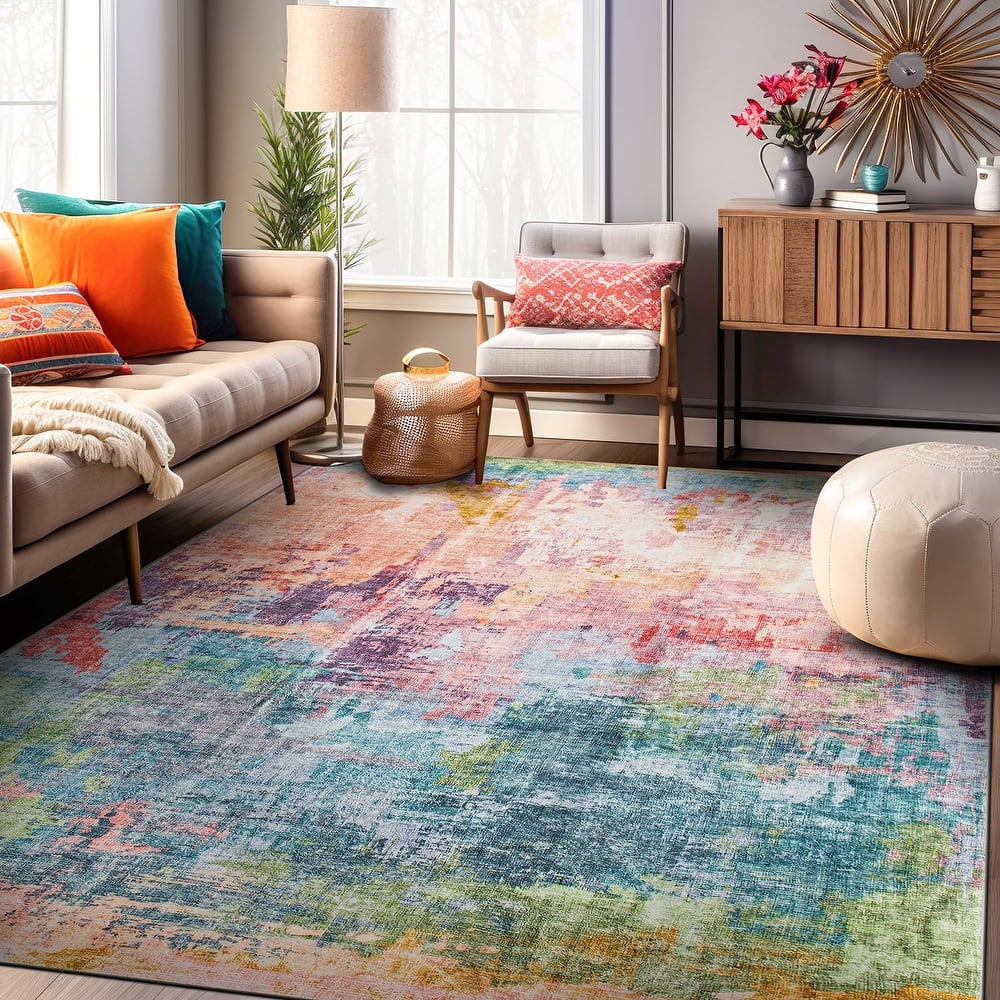 World Rug Gallery Contemporary Distressed Abstract Washable Non-Slip Area Rug