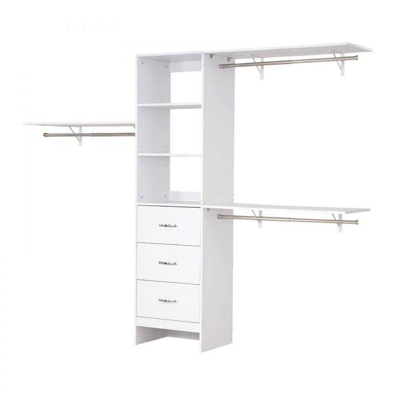 White Wooden 3 Drawers Closet Organizer with 12 Compartments Adjustable Rods for Large Storage - 95.7” x 16” x 75”