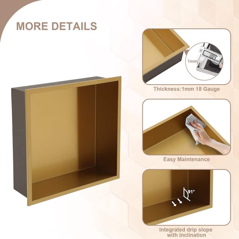 Lordear Brushed Stainless Steel 12'' x 12''Single Shelf Bath Shower Niche Bathroom Storage