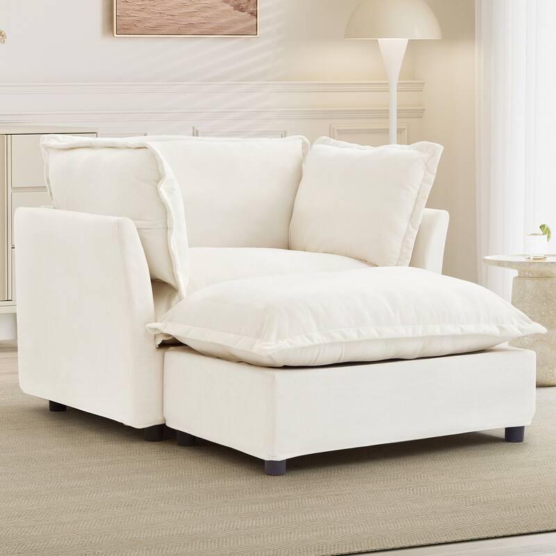 47" Cozy Upholstered Armchair with Movable Ottoman, Wide Seat, Curved Armrests and Soft Pillows