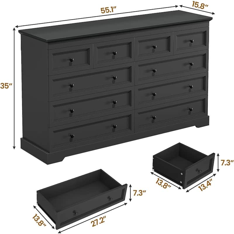 10 Drawers Dresser 55" Large Drawers Wood Dressers & Chest of Drawers