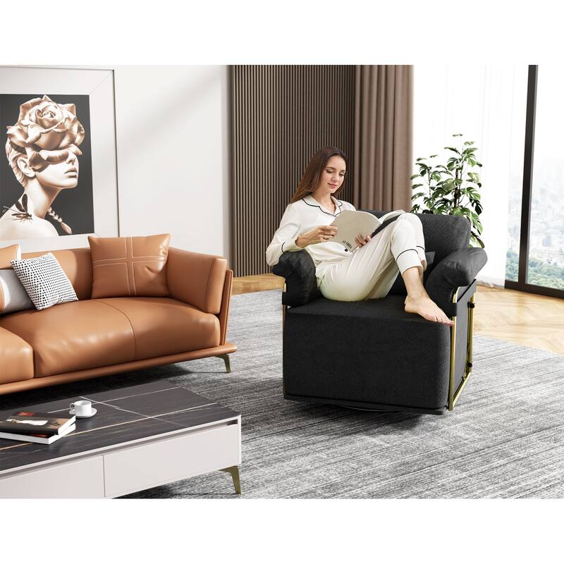 360 Degree Square Swivel Accent Sofa Chair, Black, Foam+Spring Upholstered