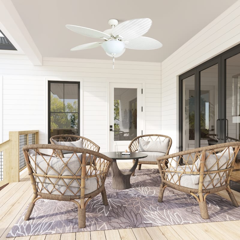 52" Honeywell Palm Island White Indoor/Outdoor Ceiling Fan with Light, Pull Chain, 5 Palm Leaf Blades