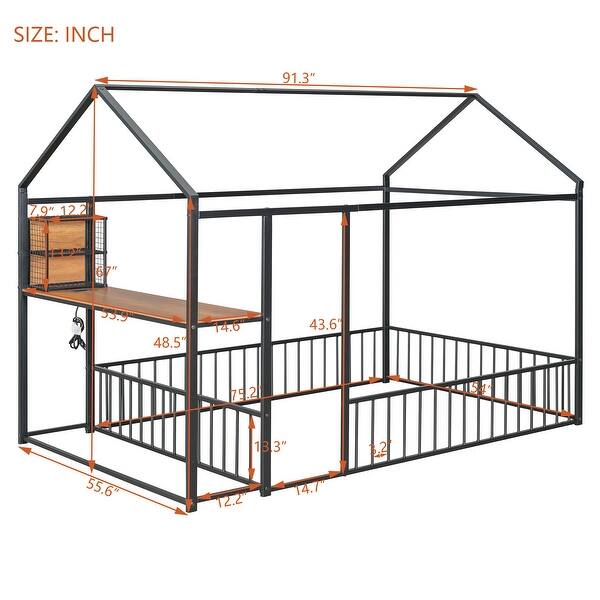 Full Size Metal House Bed Frame with Integrated Desk, Dual Shelving, Built-In Power Outlets and USB Ports