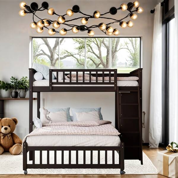 slide 2 of 36, Versatility Galore Wooden Twin Over Full Bunk Bed with Six Drawers and Flexible Shelves,Bottom Bed with Wheels Espresso