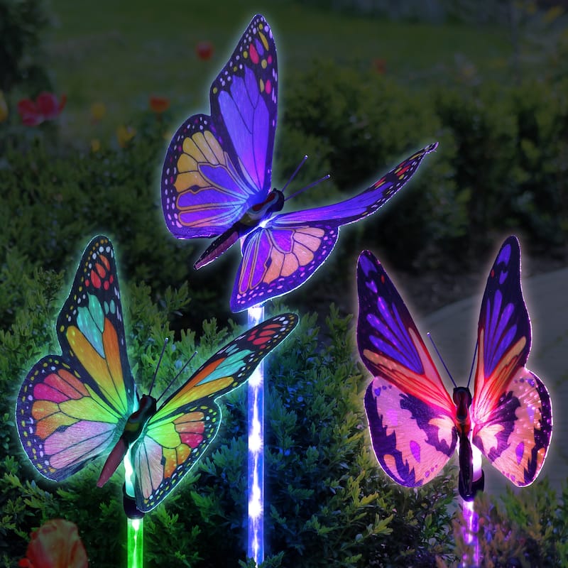 Exhart Solar Fiber Optic Color Changing Butterfly Garden Stake Set of 3 with LED Stake, 5 by 30 Inches