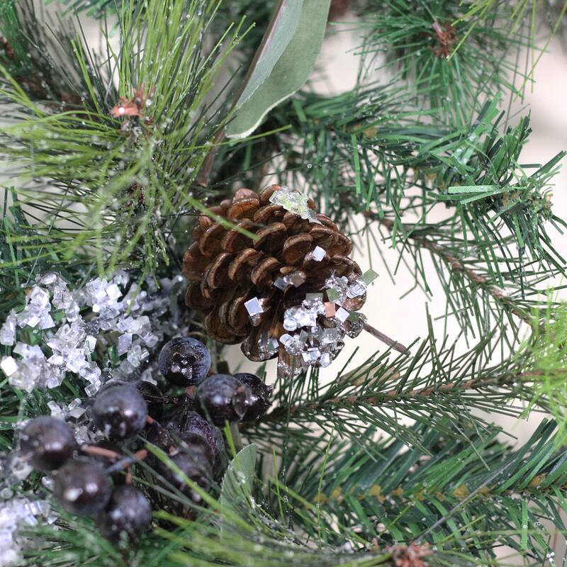 Unlit Pine Blueberries Cones Ice Twigs Artificial Christmas Wreath 24"