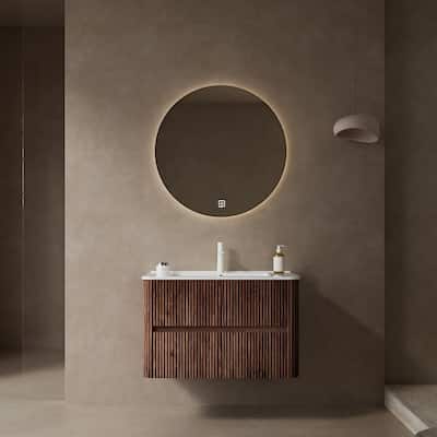 Single Sink Wall-Mounted Bath Vanity in Deep Walnut with White Ceramic Top