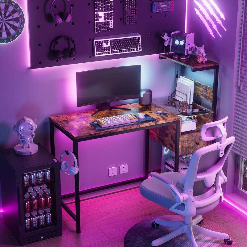 Computer Desk with Power Outlet & Reversible Shelves, Office Desk with USB Ports Charging Station & LED Lights