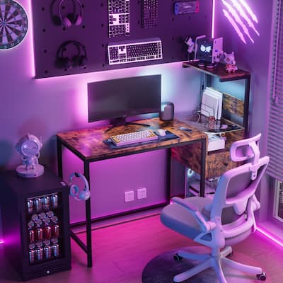 Modern Gaming Computer Desk with Reversible Shelves and RGB Lighting and USB Charging Ports for Study or Home Office