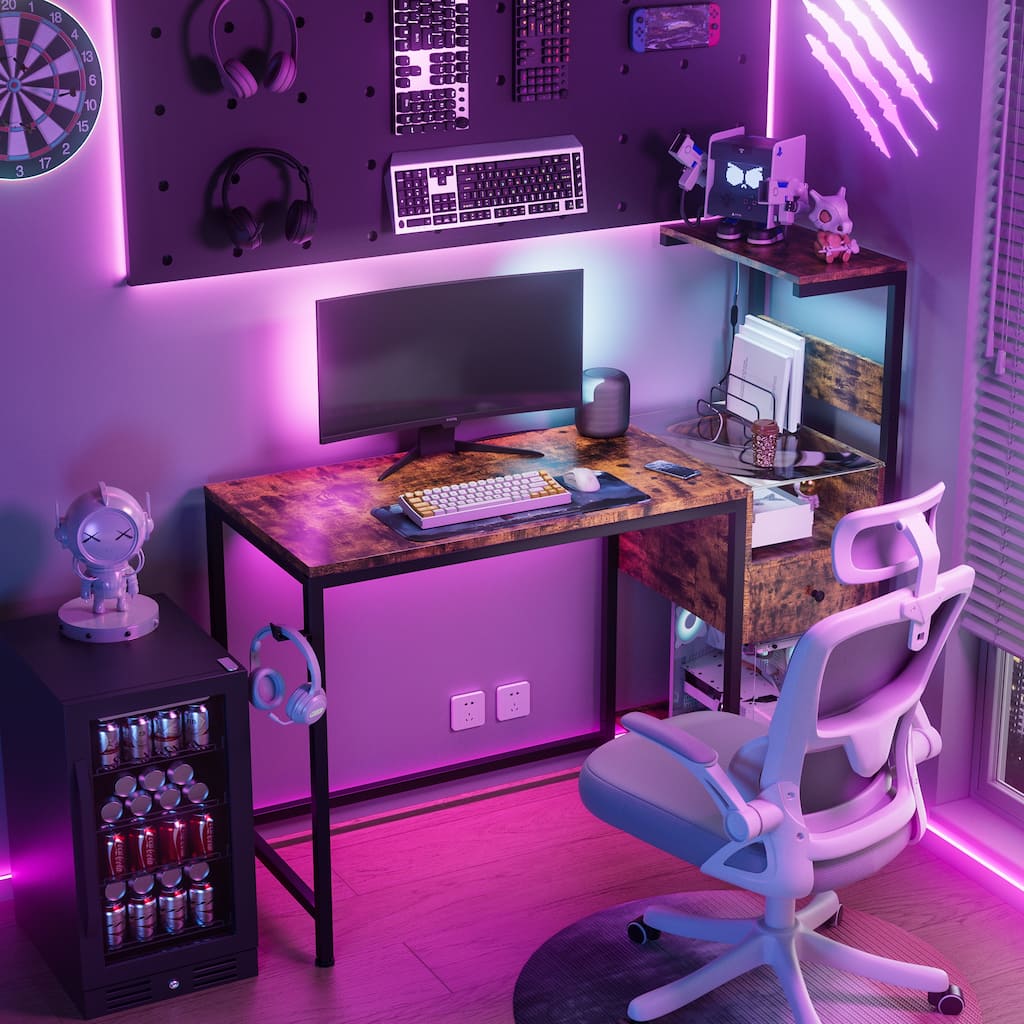 Modern Gaming Computer Desk with Reversible Shelves and RGB Lighting and USB Charging Ports for Study or Home Office