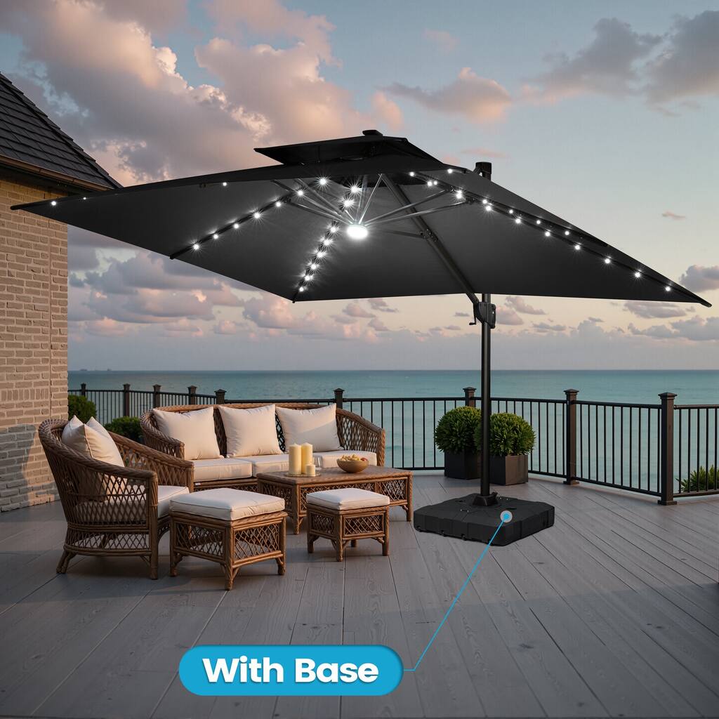 13 x 10ft Solar Powered LED Patio Cantilever Umbrella 360-degree Rotation with Weighted Base