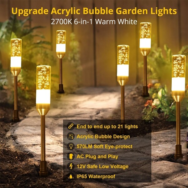 6 Pcs 4.8W Garden Lights AC Plug 12V Low Voltage Landscape Lighting 570 Lumens Extendable IP65 Waterproof Path Lights Warm White