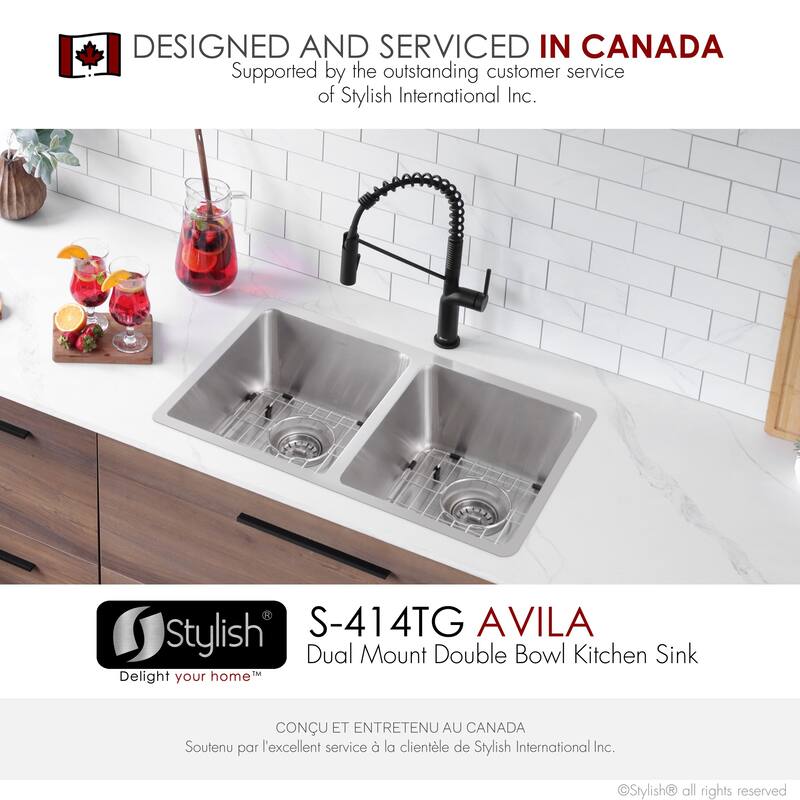 STYLISH 29 inch L x 18 inches W Double Bowl Undermount and Drop-in Stainless Steel Kitchen Sink - 29" x 18" x 8"
