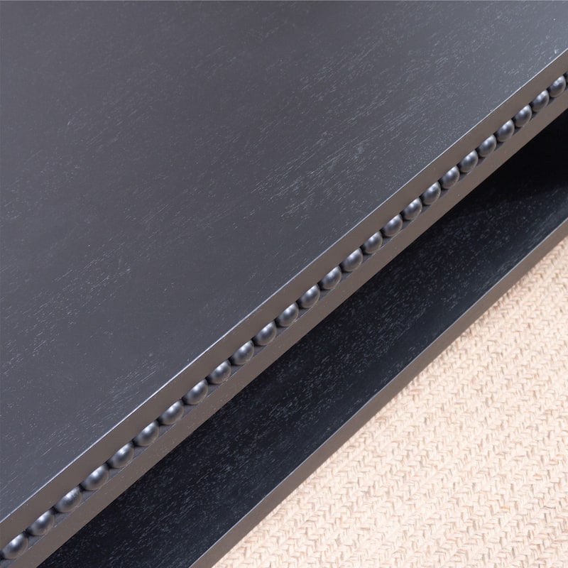 47 inch Modern Black Coffee Table Beaded Trim Rectangular Open Storage Shelf Living Room