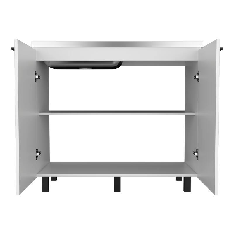 2-Door Freestanding Utility Base Cabinet with Stainless Steel Countertop, Black Finish, Large Shelf for Storage