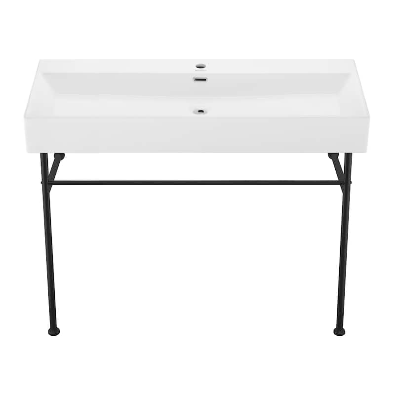 Reims 40 Ceramic Console Sink White Basin Black Legs - 39.35" x 16.55" 35.45"