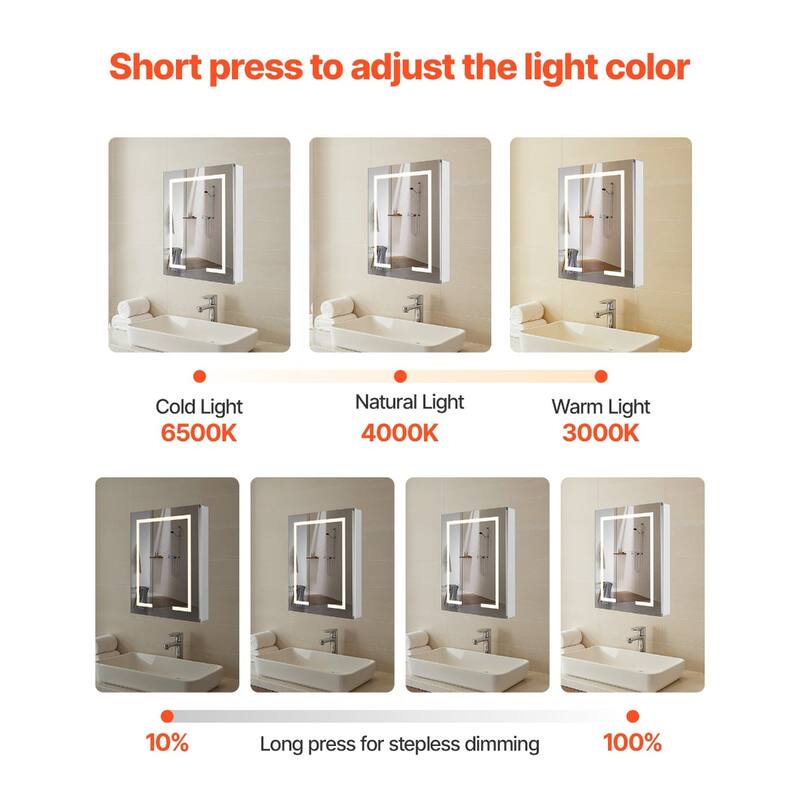White LED Anti-Fog Bathroom Mirror Cabinet with Dimmable Lighting and Built-in Power Outlet - 24” x 4.9” x 29.9”