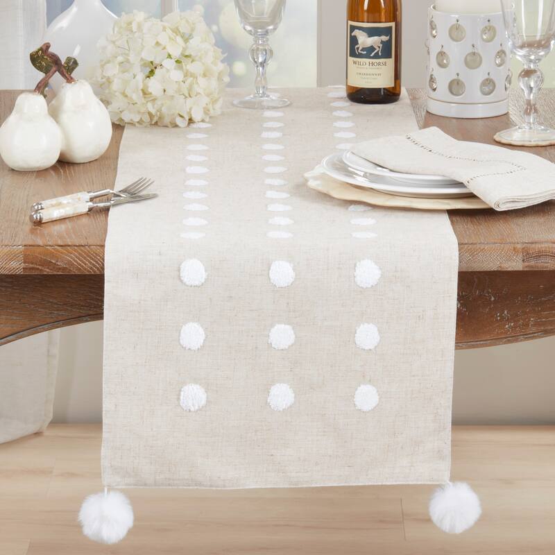 Textured Dot & Pom Detail Linen Blend Table Runner - Non-Reversible Lined Runner for Dining Tables & Consoles, 16"x70"