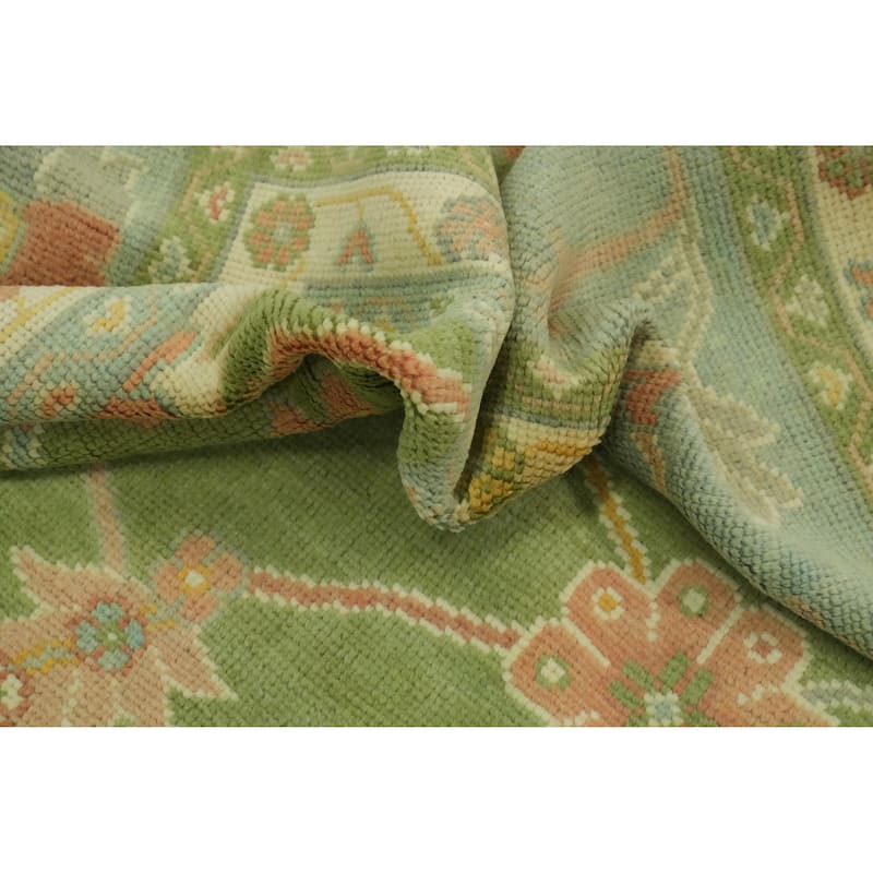 Floral Green Oushak Vegetable Dye Large Rug, Floral Geometric Carpet - 14' 10'' X 11' 10''