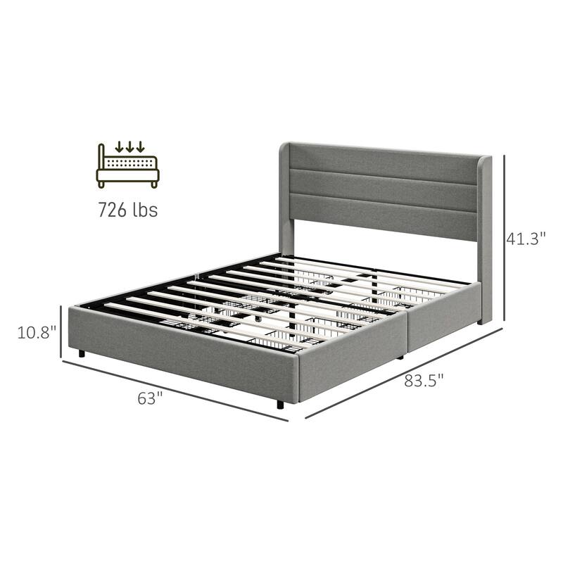 Queen Bed Frame with Headboard, Storage Drawers, Upholstered Platform Frame, No Box Spring, Steel Construction, Easy Assembly