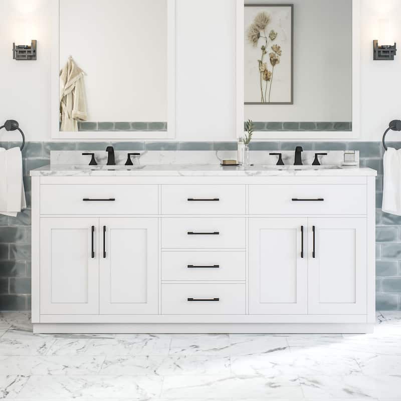 Athea Bathroom Vanity with White Engineered Marble Top - 72" - White with Matte Black Hardware