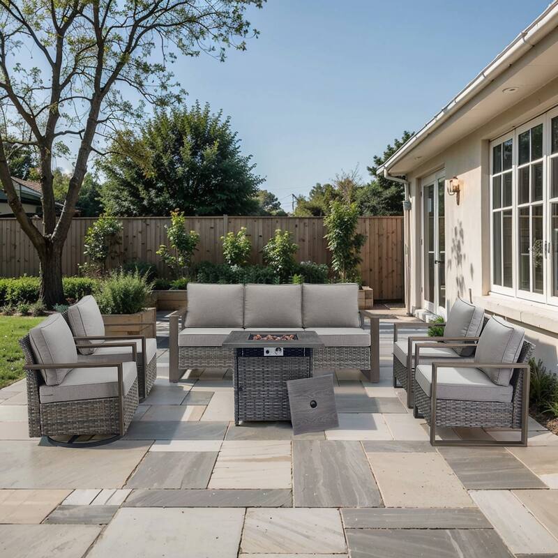 Pocassy Outdoor 30" Fire Pit Table with Sofa Swivel Chair Set - Grey Wicker Gray Cushion - 6-Piece Sofa Chair with Fire Table