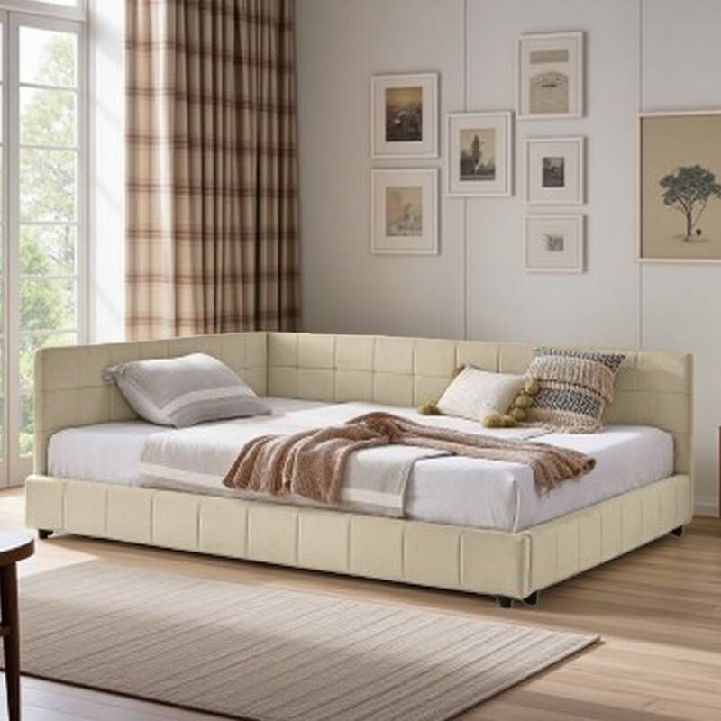 Mid-Century Full Size Velvet Daybed with Tufted Backrest & Armrests, Upholstered Sofa Bed Frame for Bedroom or Living Room - Beige