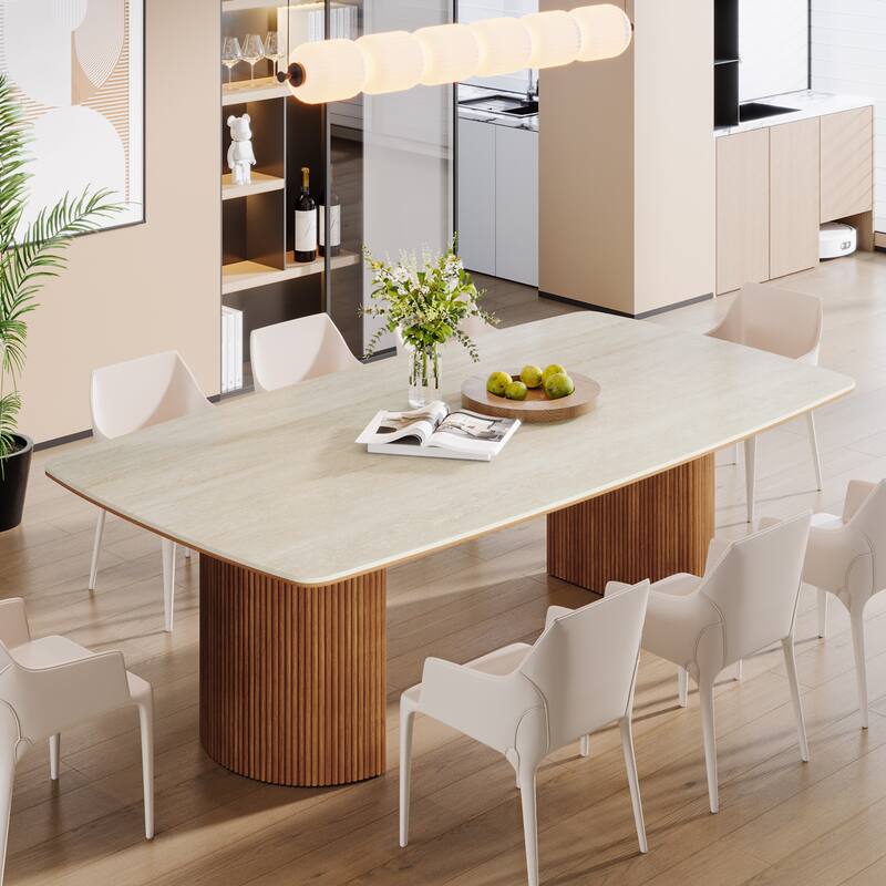 78.8-inch Large Dining Table with Travertine Slab Top for Kitchen Dining Room - Beige/Brown