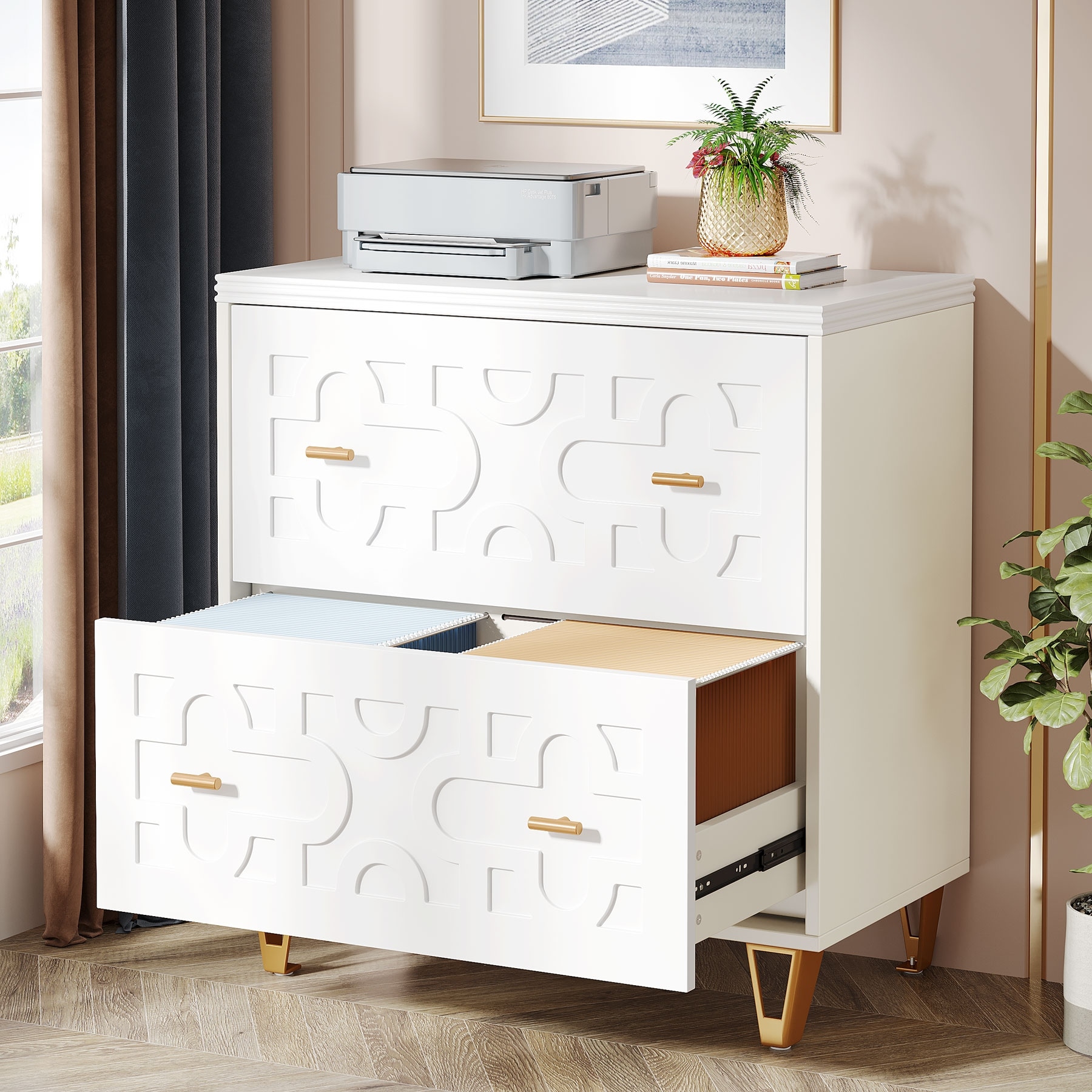 Modern White 2-Drawer File Cabinet, Office Lateral Filing Cabinet for Legal/Letter/A4 Size